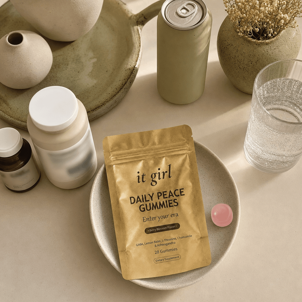 Cream counter of the abandoned swaps, an alcohol-free wine bottle, an adaptogen drink can, a magnesium bottle and a melatonin bottle pushed aside, the gold Daily Peace pouch chosen forward, no people