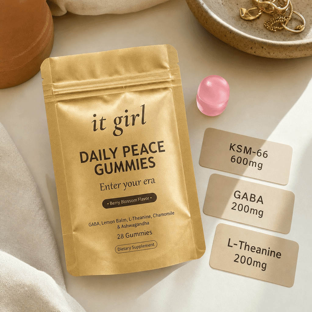 Three warm dose cards reading KSM-66 600mg, GABA 200mg and L-Theanine 200mg beside a single gummy and the gold Daily Peace pouch on a cream surface, the studied dose, no people