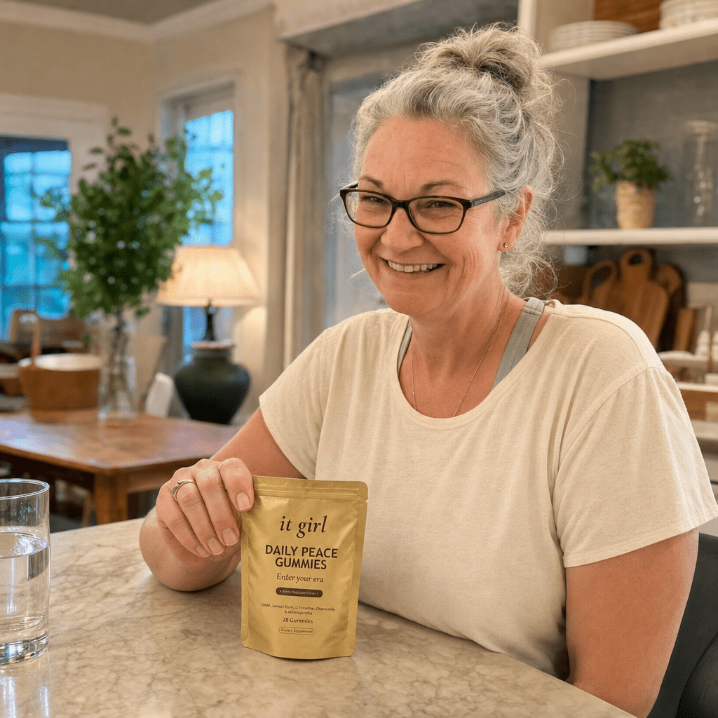 Cristina in her early-evening kitchen taking a calm exhale at the moment the wine pull would hit, hand resting on the gold Daily Peace pouch instead of reaching for a glass