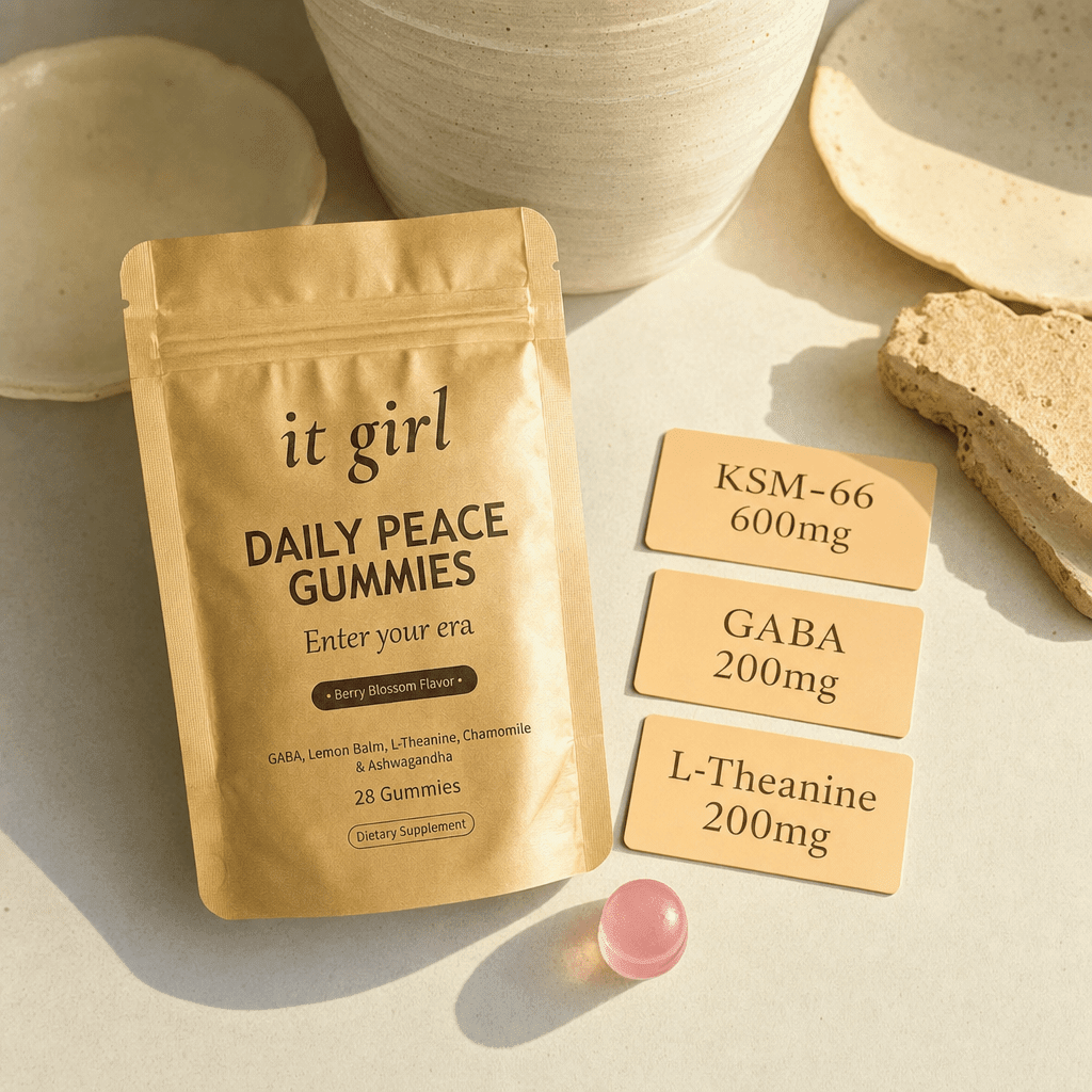 The gold Daily Peace pouch beside three warm dose cards reading KSM-66 600mg, GABA 200mg, L-Theanine 200mg and a single gummy, the studied dose