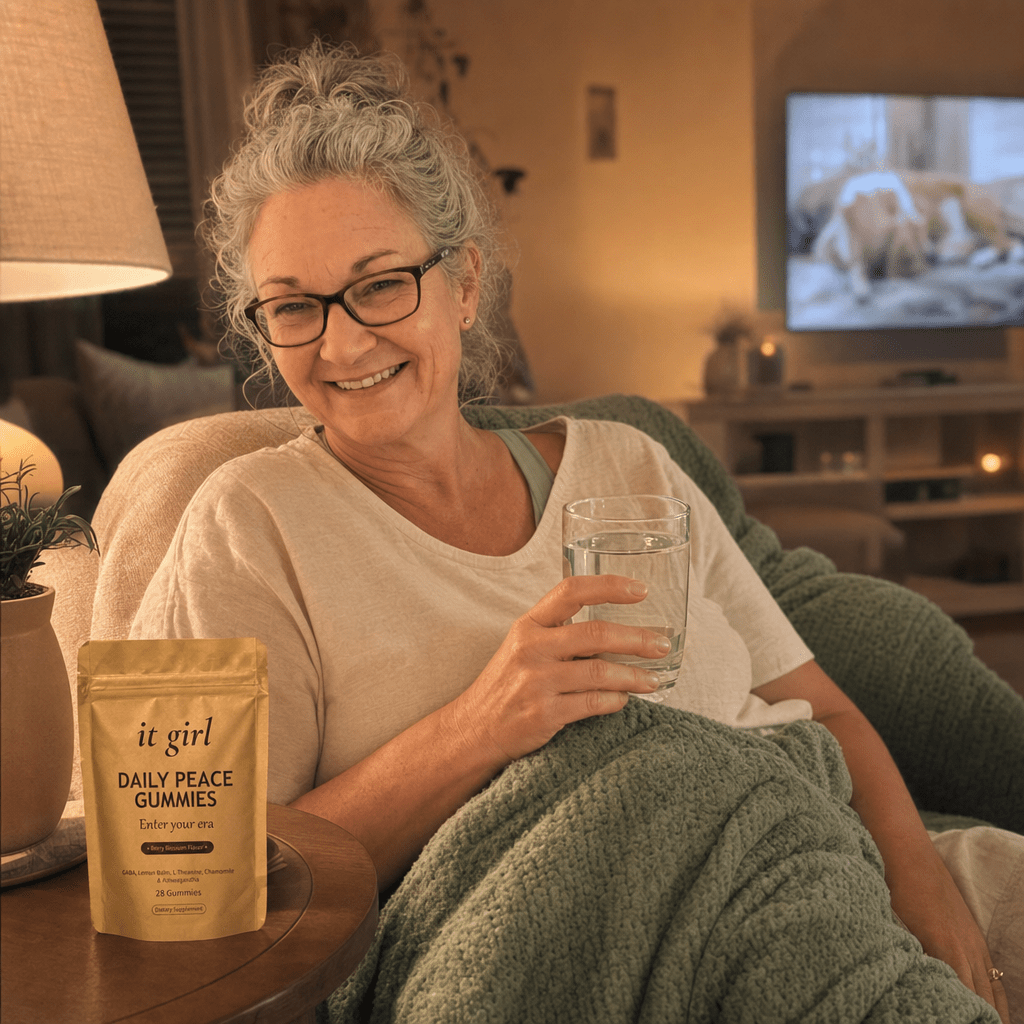 Woman about sixty relaxed on her couch in the evening, the gold Daily Peace pouch on the side table, glass of water, no wine, the night she was trying to buy
