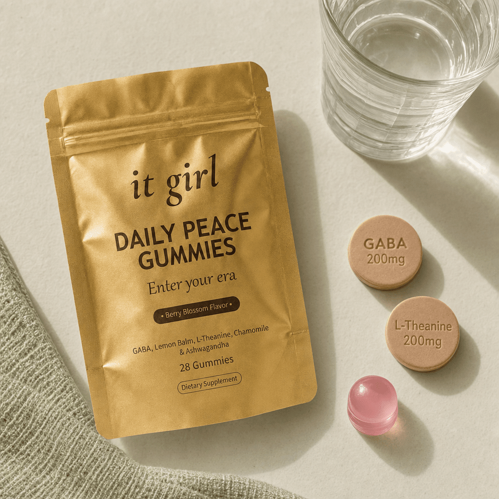 Open palm holding a Daily Peace gummy beside the pouch and a glass of water, the GABA plus L-Theanine signal dosed