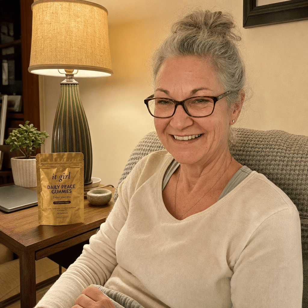 Woman about sixty on the couch at 7:43 in the evening, laptop closed, calm and present, the Daily Peace pouch on the side table, she stopped blaming herself