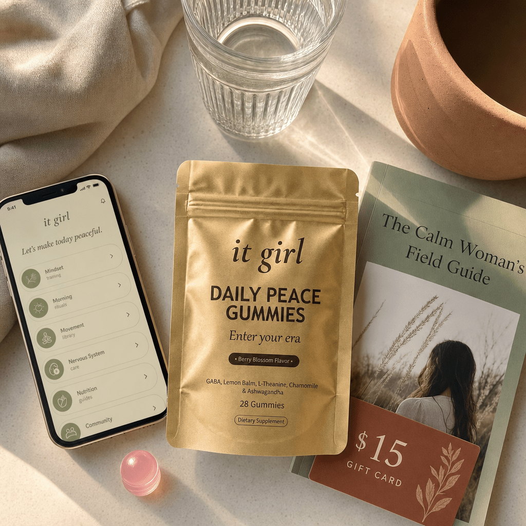 Daily Peace bundle on cream: pouch, It Girl app, $15 gift card, Calm Woman's Field Guide, warm-clay price and guarantee badge, less than a bottle of good wine, no wine