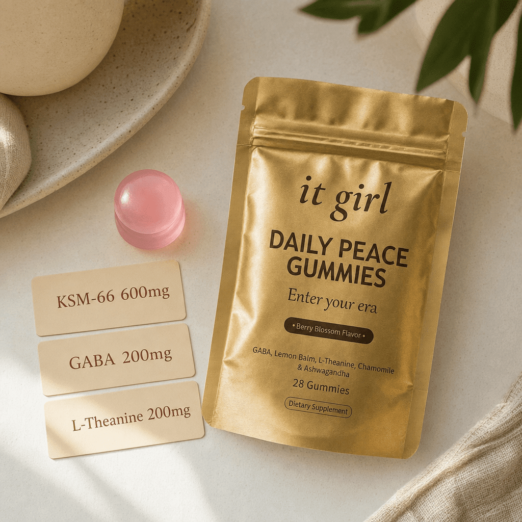 Three warm dose cards reading KSM-66 600mg, GABA 200mg, L-Theanine 200mg beside a single gummy and the gold pouch on a cream surface, the studied dose