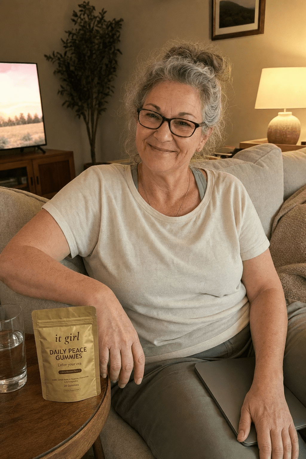 Warm candid evening phone photo of a put-together woman about sixty sitting easy on her own couch, laptop closed, shoulders relaxed, the gold It Girl Daily Peace pouch on the side table beside her and a glass of water, no wine in frame