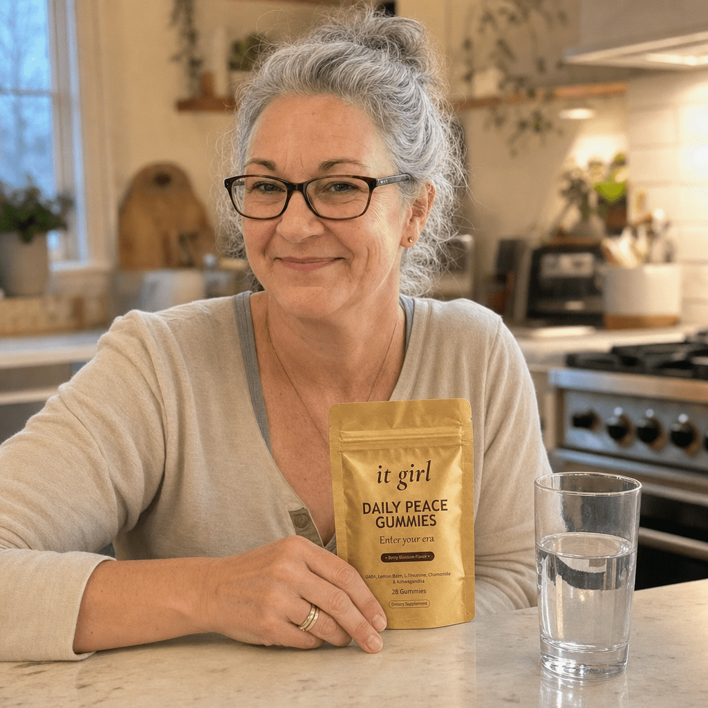 The same woman about sixty in her early-evening kitchen at the moment the wine pull used to hit, resting her hand on the gold Daily Peace pouch and taking a calm exhale instead of reaching for a glass, a glass of water beside her