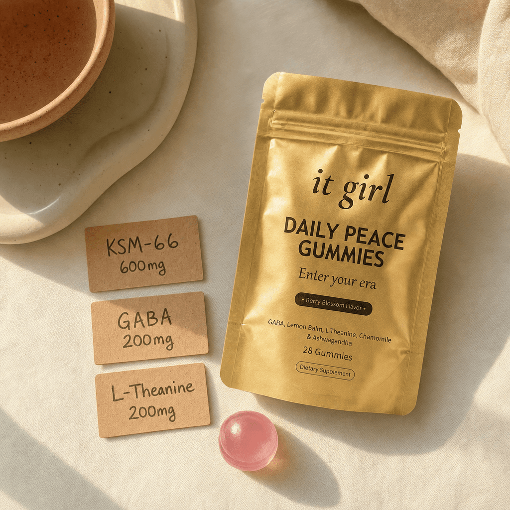 Three warm dose cards reading KSM-66 600mg, GABA 200mg, L-Theanine 200mg beside a single gummy and the gold pouch on a cream surface, the studied dose