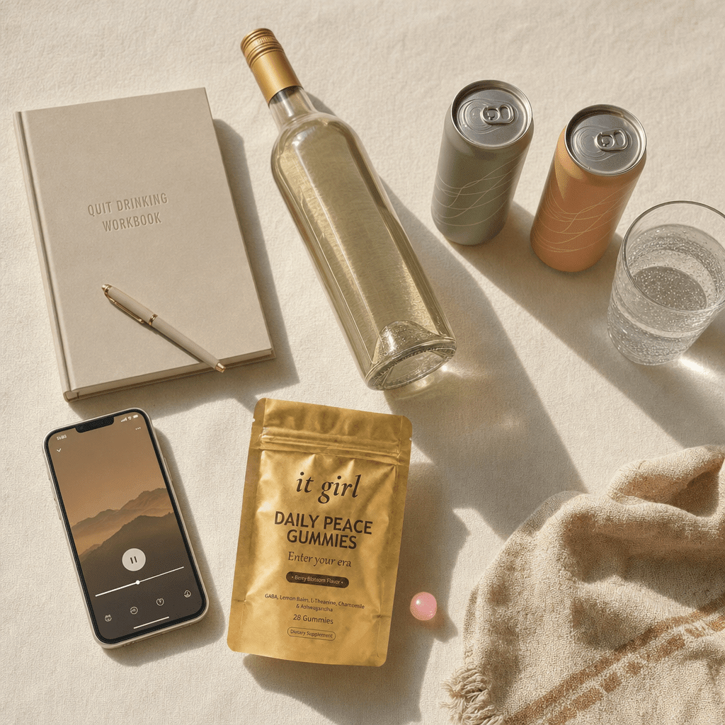 Cream counter of the abandoned wine swaps pushed aside, an alcohol-free wine bottle, two adaptogen drink cans, a glass of sparkling water, a phone showing a meditation app, a quit-drinking workbook, with the gold Daily Peace pouch forward and chosen