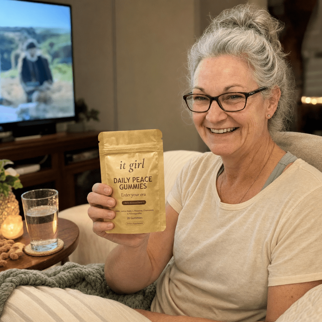 The same woman about sixty back on her own couch on a calm Tuesday night, laptop closed and actually watching the documentary, a soft real smile, the gold Daily Peace pouch and a glass of water on the side table, no wine