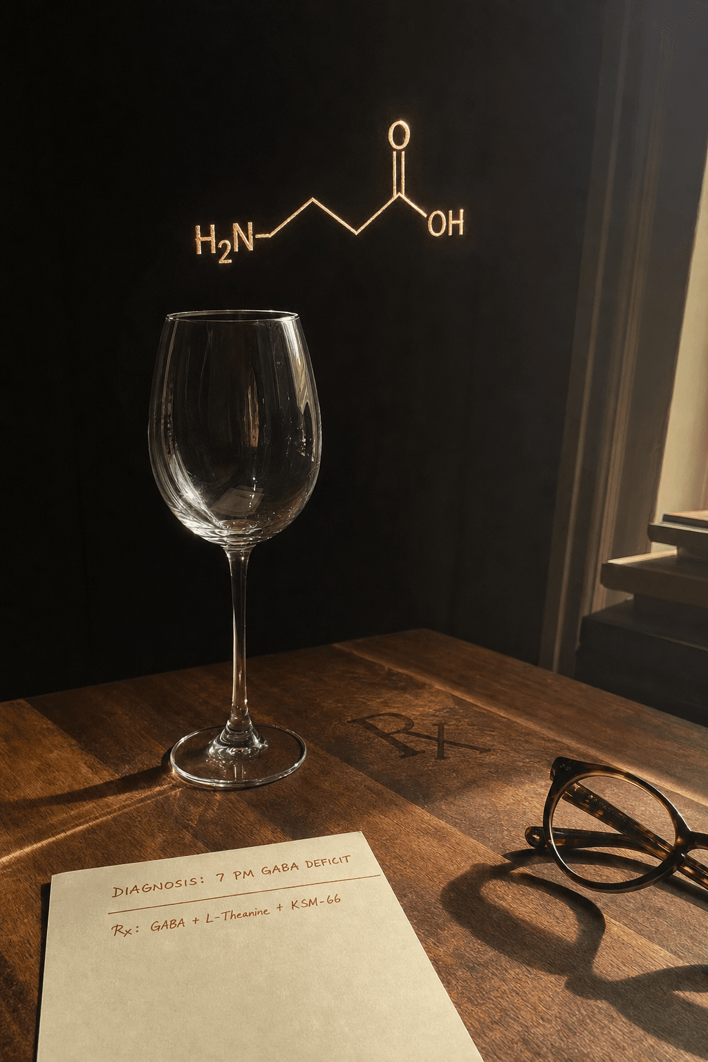 WMW lab-investigation still life, a single empty wine glass on warm wood under dramatic side light with a champagne-gold GABA molecule floating above and a faux prescription pad reading 7 PM GABA DEFICIT