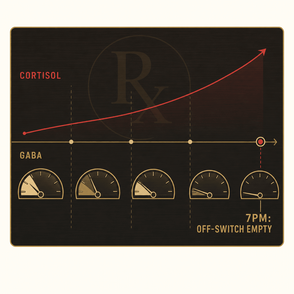 Investigative infographic showing a champagne-gold GABA off-switch gauge draining as a red cortisol line rises across the day, ending nearly empty at 7pm, the rational end-of-day reach