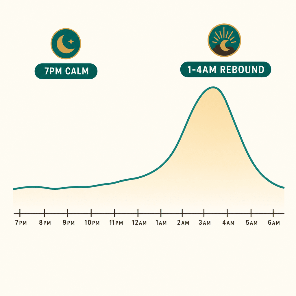 Flat editorial graphic of a night cortisol curve showing 7pm calm dropping then a 1am to 4am rebound spike, the cost of filling the prescription with wine