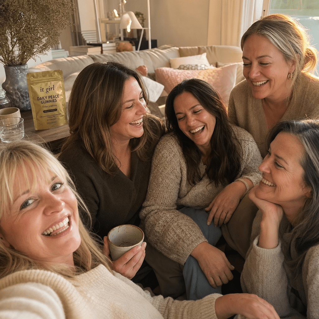 Relaxed group of women forty to sixty laughing in a warm living room with tea and water, a gold Daily Peace pouch resting nearby, not the only one