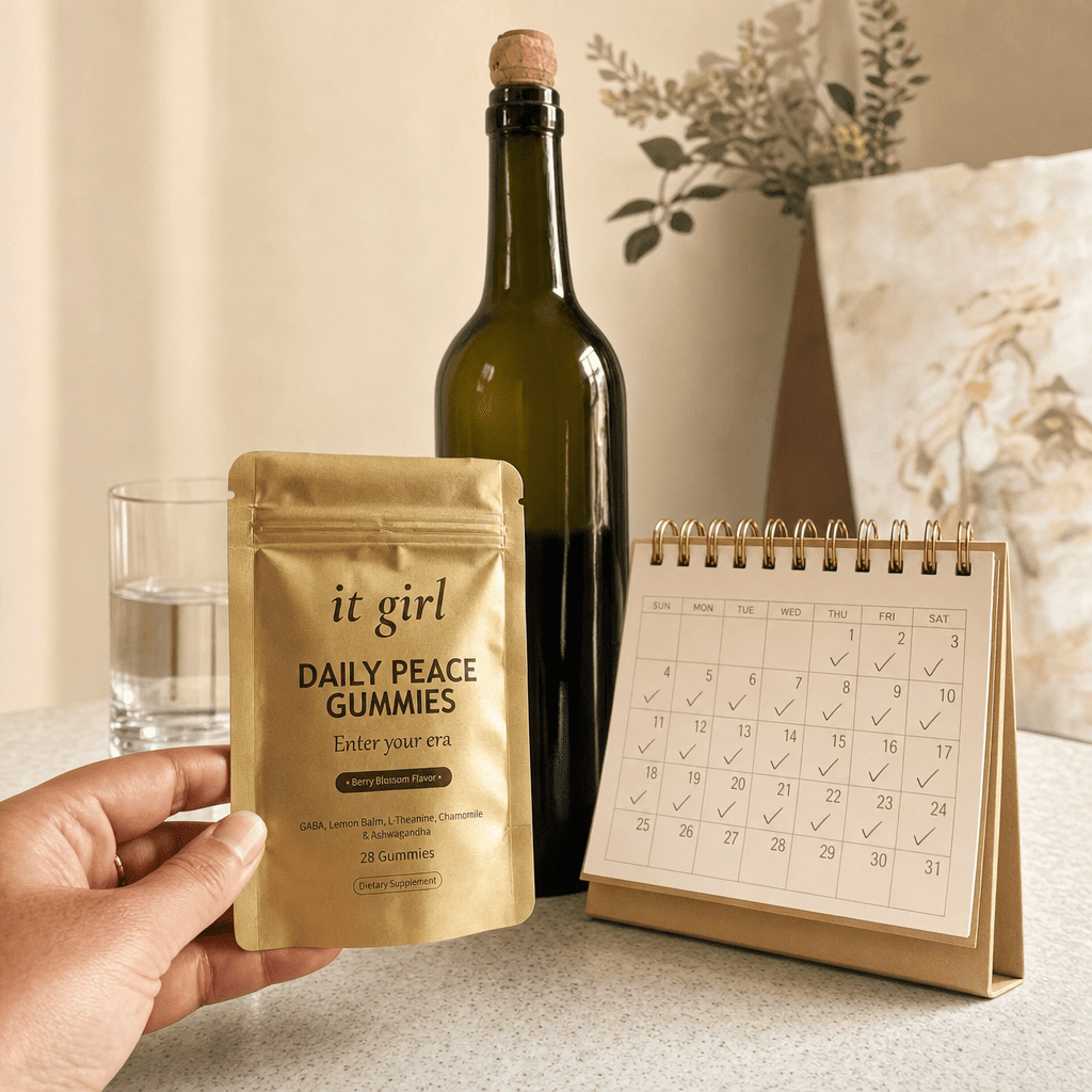 The palm-sized gold It Girl Daily Peace pouch and a month calendar beside one unbranded bottle of wine, a whole month of calm for less than one bottle