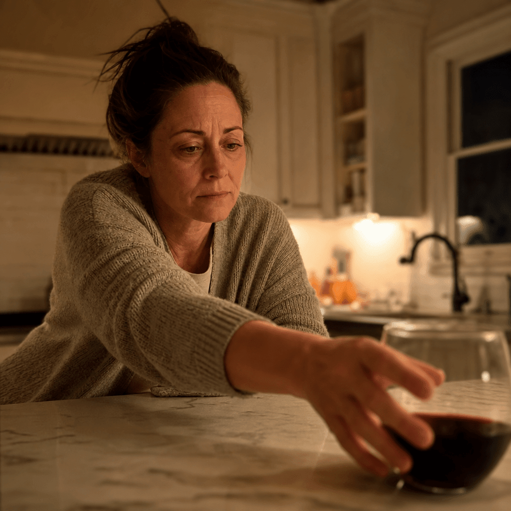 Tired woman in her forties in a warm-lit kitchen at 7pm reaching toward a single glass of wine on the counter, the rational end-of-day reach