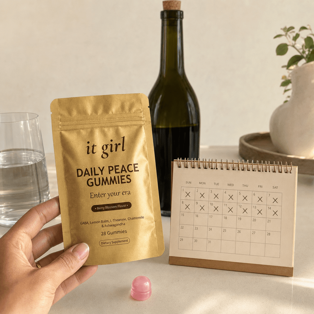 The palm-sized gold It Girl Daily Peace pouch and a month calendar beside one unbranded bottle of wine, a whole month of calm for less than one bottle