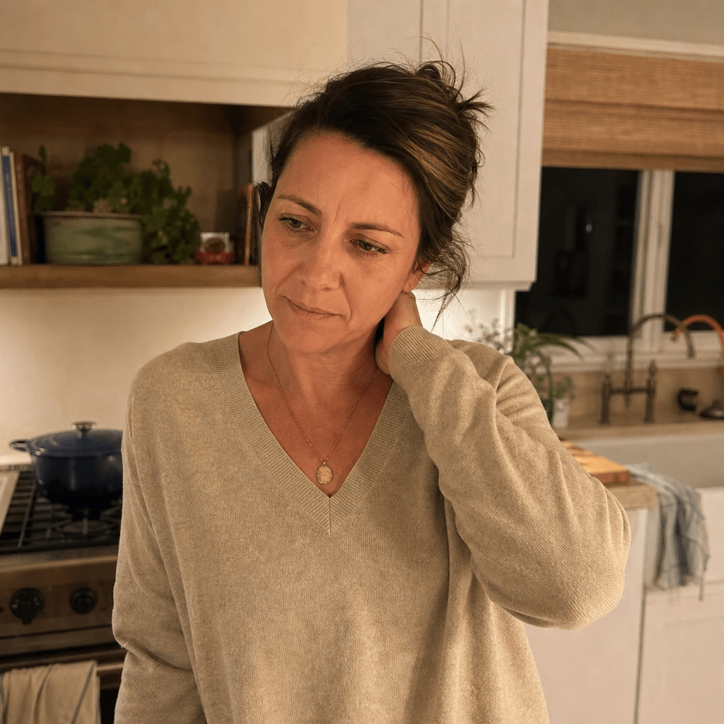 Woman in her forties at 7pm in her kitchen, shoulders heavy, the moment the evening wine pull hits, warm tired light, no glass yet and no product
