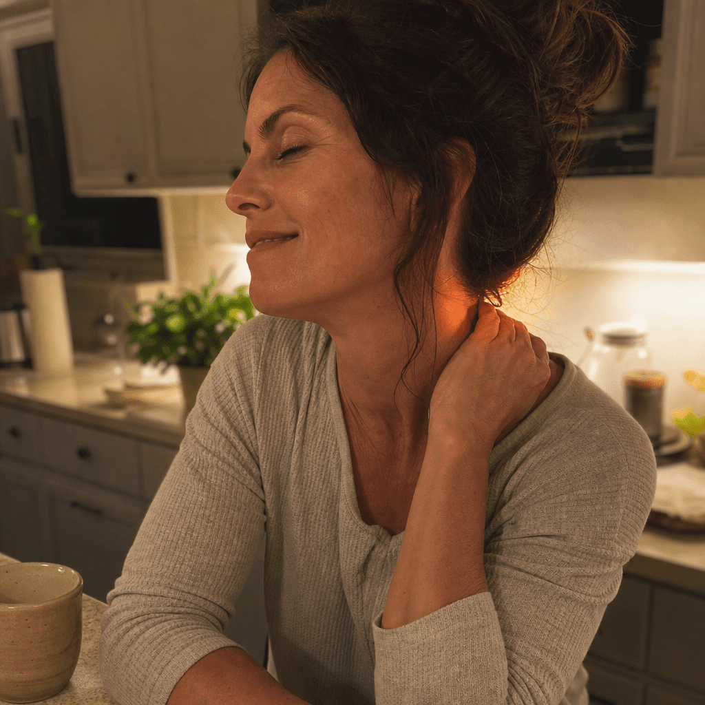 Editorial still of a woman exhaling with her shoulders dropping as the evening relief lands, a faint warm glow at the base of the skull suggesting the calm signal switching on