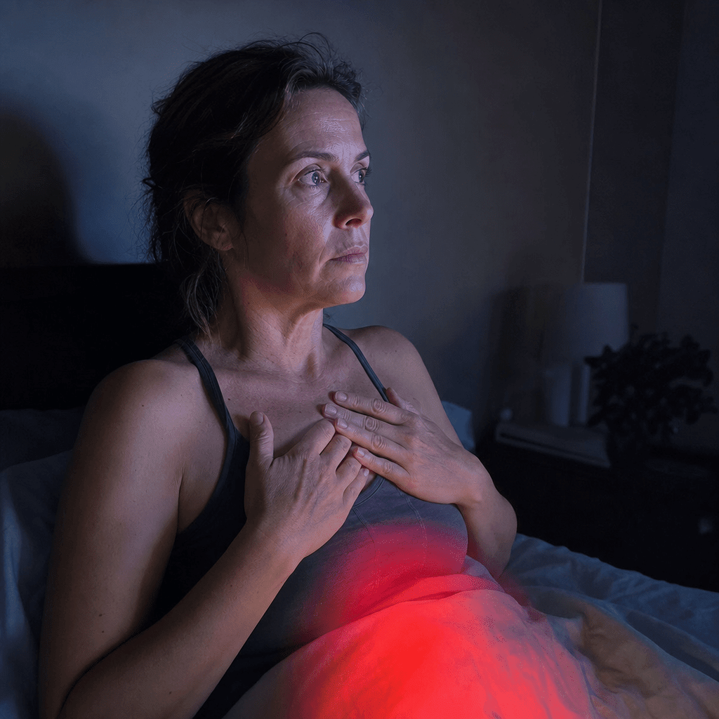 The same woman bolt upright in bed at 3am, hand flat on her chest, cold blue rim light and a faint red cortisol surge overlay, the rebound wake-up