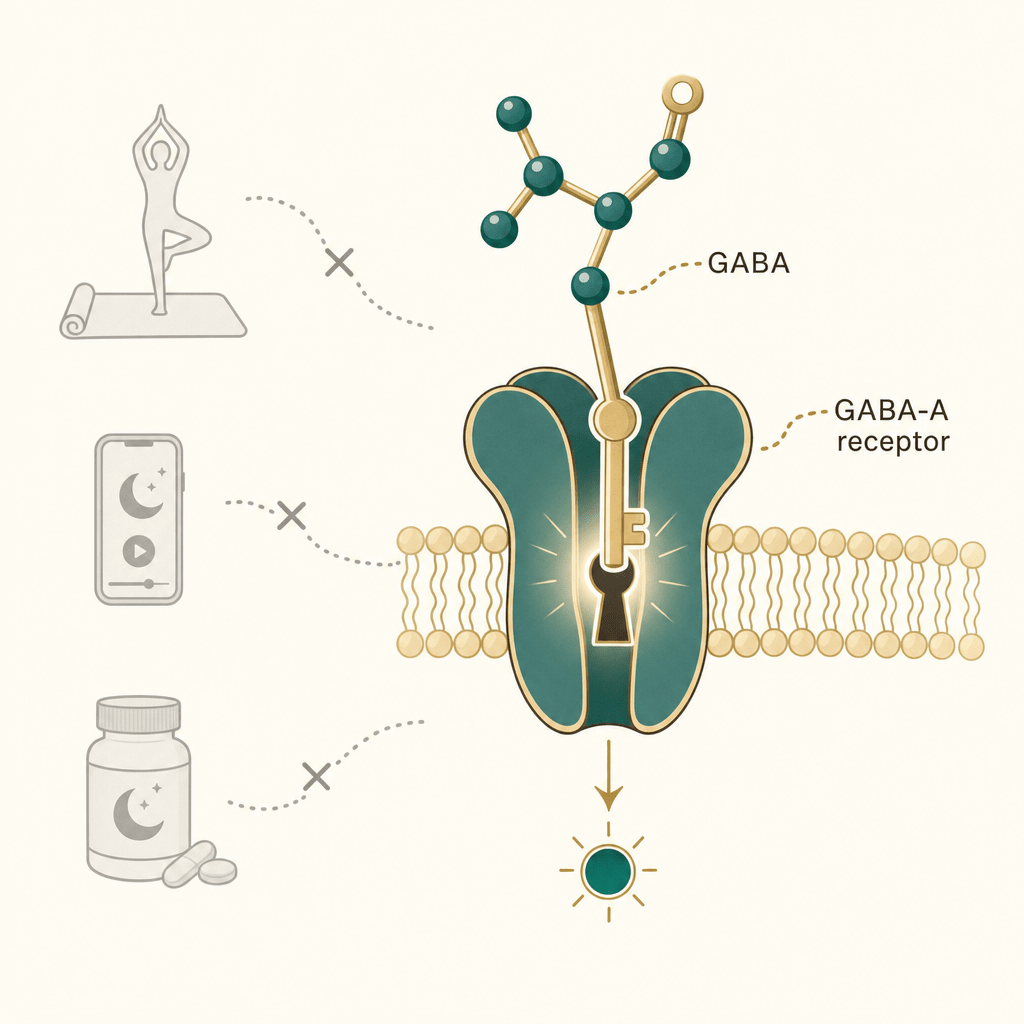 Editorial science infographic of the GABA molecule fitting the GABA-A receptor like a key in a lock, the same switch wine flips, with faded yoga, meditation app, and melatonin icons that miss the receptor, no product and no people