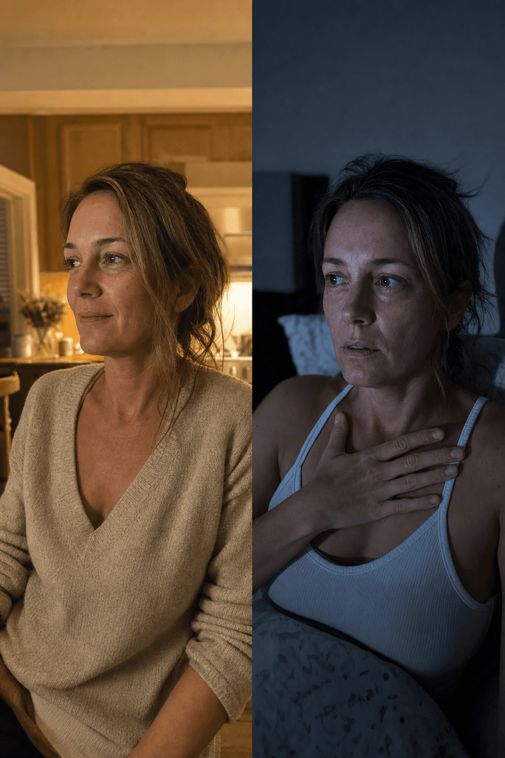 Editorial split of the same woman in her forties, left calm at 7pm in warm light, right awake and tense at 3am in cold light, showing the 7pm relief and 3am wake-up are one event, no product in frame