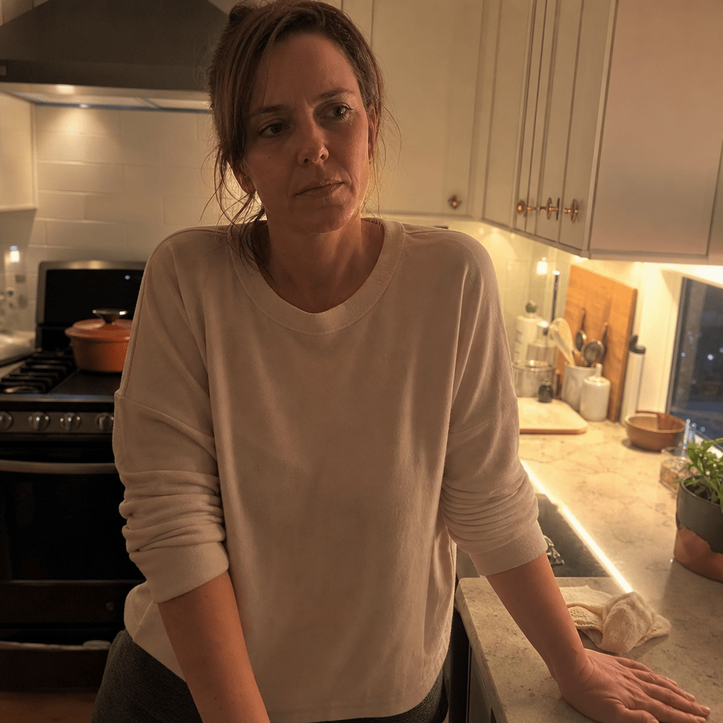 Woman in her forties at 7pm in a warm kitchen at the moment the evening pull hits, shoulders heavy, no glass yet and no product