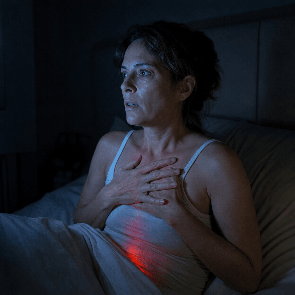 The same woman bolt upright in bed at 3am, hand on her chest, cold blue rim light with a faint red cortisol-surge overlay, the rebound wake-up