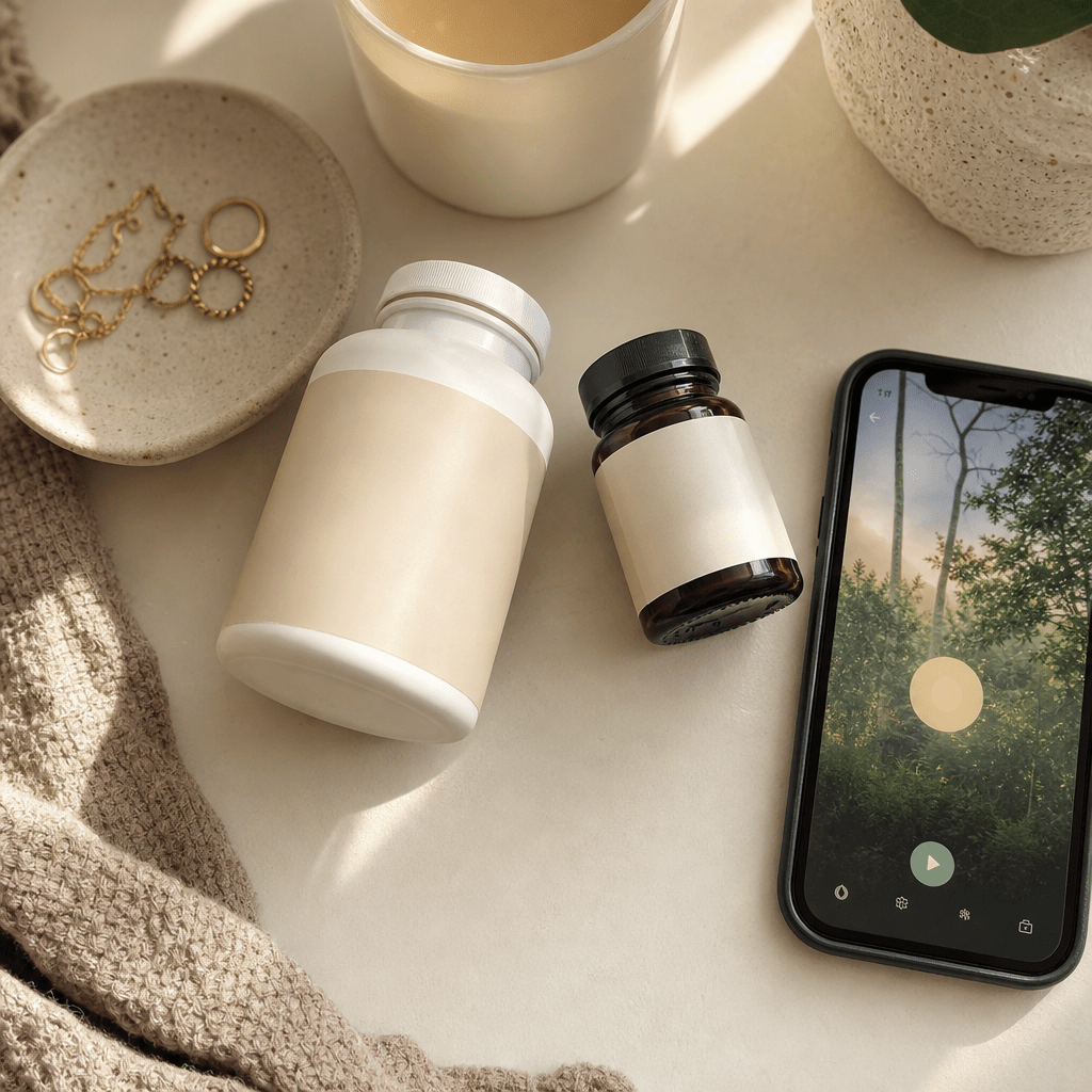 Cream surface flat-lay of the swaps that missed, a magnesium bottle, a melatonin bottle, and a phone showing a meditation app, pushed aside, no wine and no It Girl product