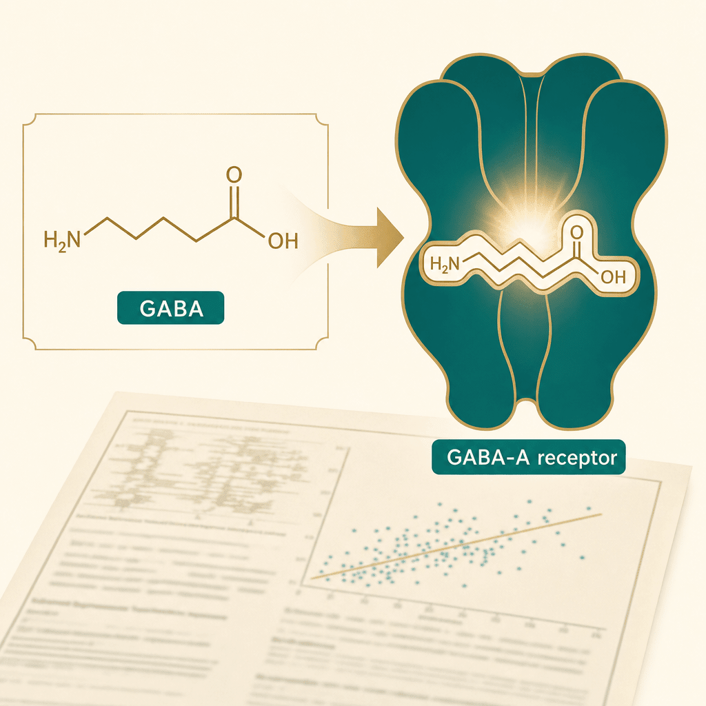 Editorial science visual of the GABA molecule fitting the GABA-A receptor like a key in a lock, over a faint Columbia-style research page, no product and no people, the molecule that does what wine does