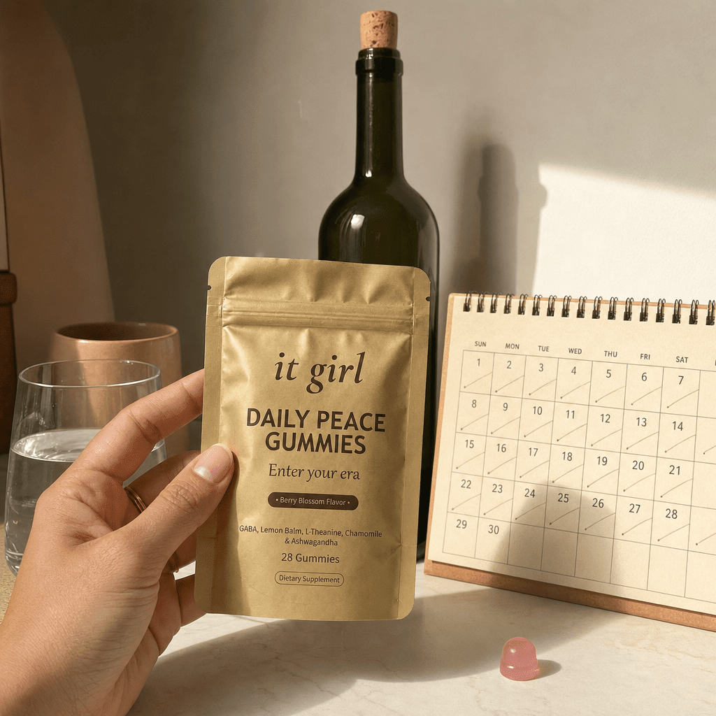 The palm-sized gold Daily Peace pouch beside a month calendar and a single corked bottle of wine, a whole month of calm for less than that one bottle