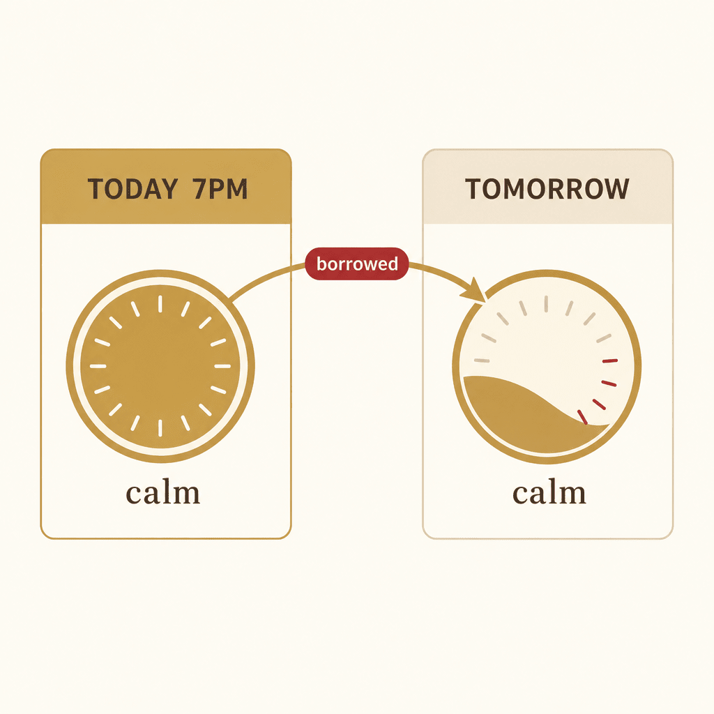 Editorial infographic of calm being borrowed from tomorrow: a full 'TODAY 7PM' calm meter siphoning across from a draining 'TOMORROW' meter with a 'borrowed' tag, no people and no product