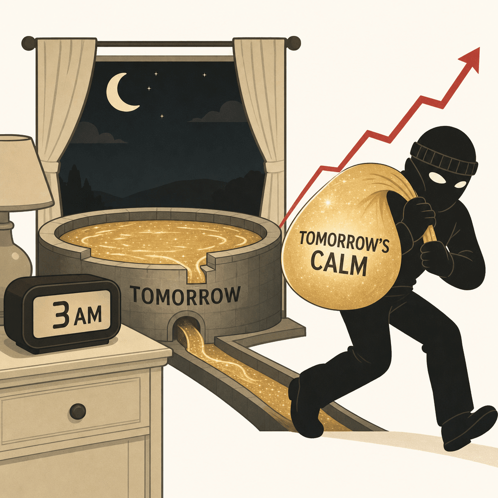 Editorial illustration of a masked robber sneaking off with a glowing orb tagged 'TOMORROW'S CALM' as a clock reads 3AM and a red cortisol-rebound arrow rises, no product