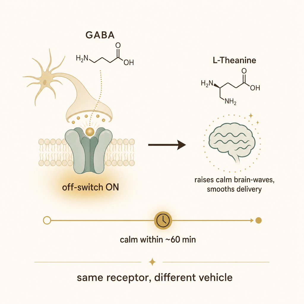 Warm editorial science infographic of GABA docking into a GABA-A receptor with L-Theanine beside it and a 'calm within ~60 min' timeline, 'same receptor, different vehicle', no product in frame