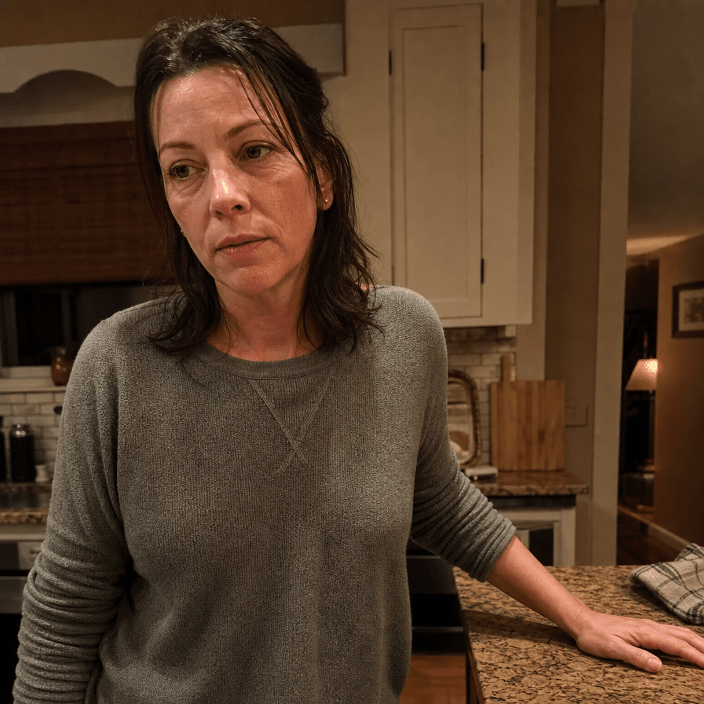 Woman in her forties at 7pm in a warm kitchen at the moment the evening pull hits, shoulders heavy, no glass yet and no product