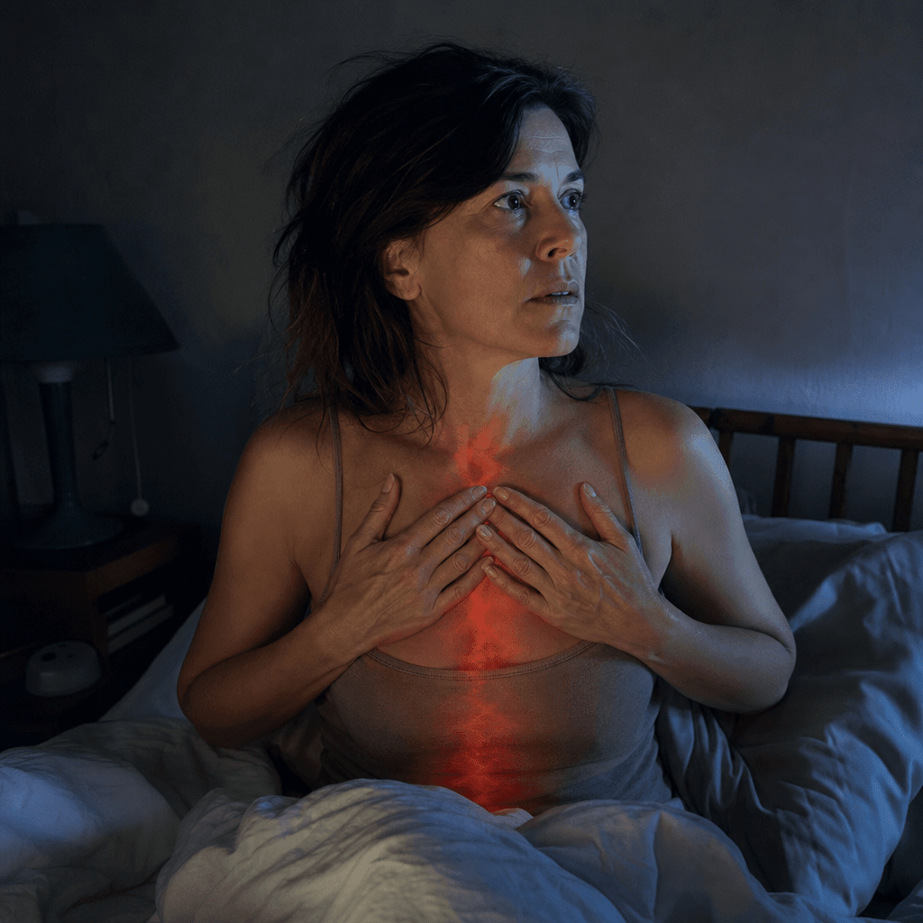The same woman bolt upright in bed at 3am, hand on her chest, cold blue rim light with a faint red cortisol-surge overlay, the rebound wake-up