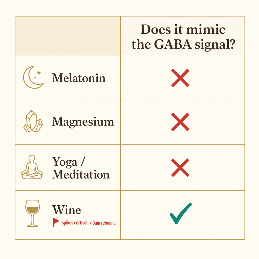 Warm editorial comparison chart asking 'Does it mimic the GABA signal?' with red X's beside Melatonin, Magnesium and Yoga/Meditation and a green check beside Wine flagged 'spikes cortisol, 3am rebound', no It Girl product