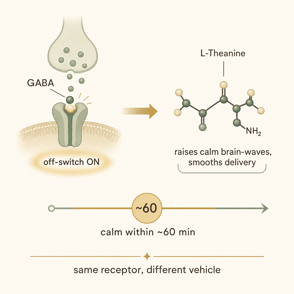 Warm editorial science infographic of GABA docking into a GABA-A receptor with L-Theanine beside it and a 'calm within ~60 min' timeline, 'same receptor, different vehicle', no product in frame