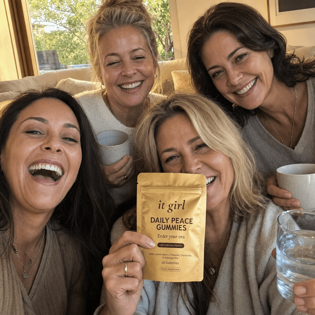 Warm candid group of women in their forties and fifties laughing together in a sunlit room, the gold Daily Peace pouch held in frame, third-party tested and made for women