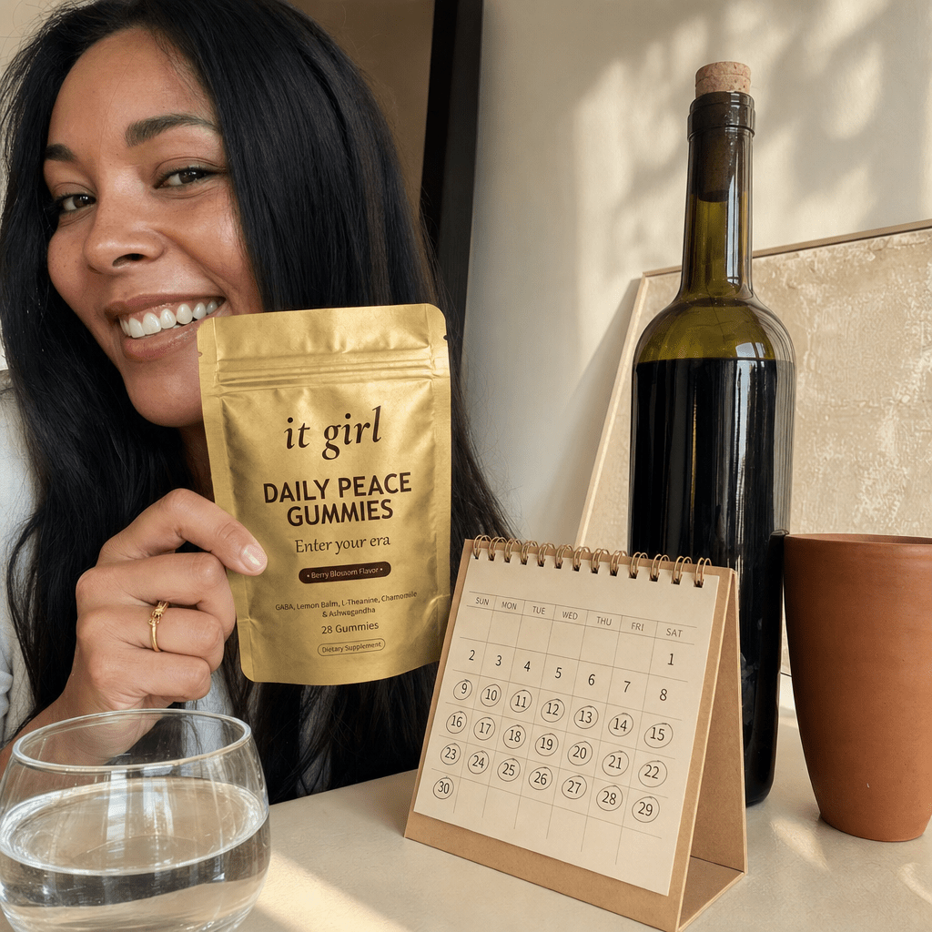 The palm-sized gold Daily Peace pouch beside a month calendar and a single corked bottle of wine, a whole month of calm for less than that one bottle