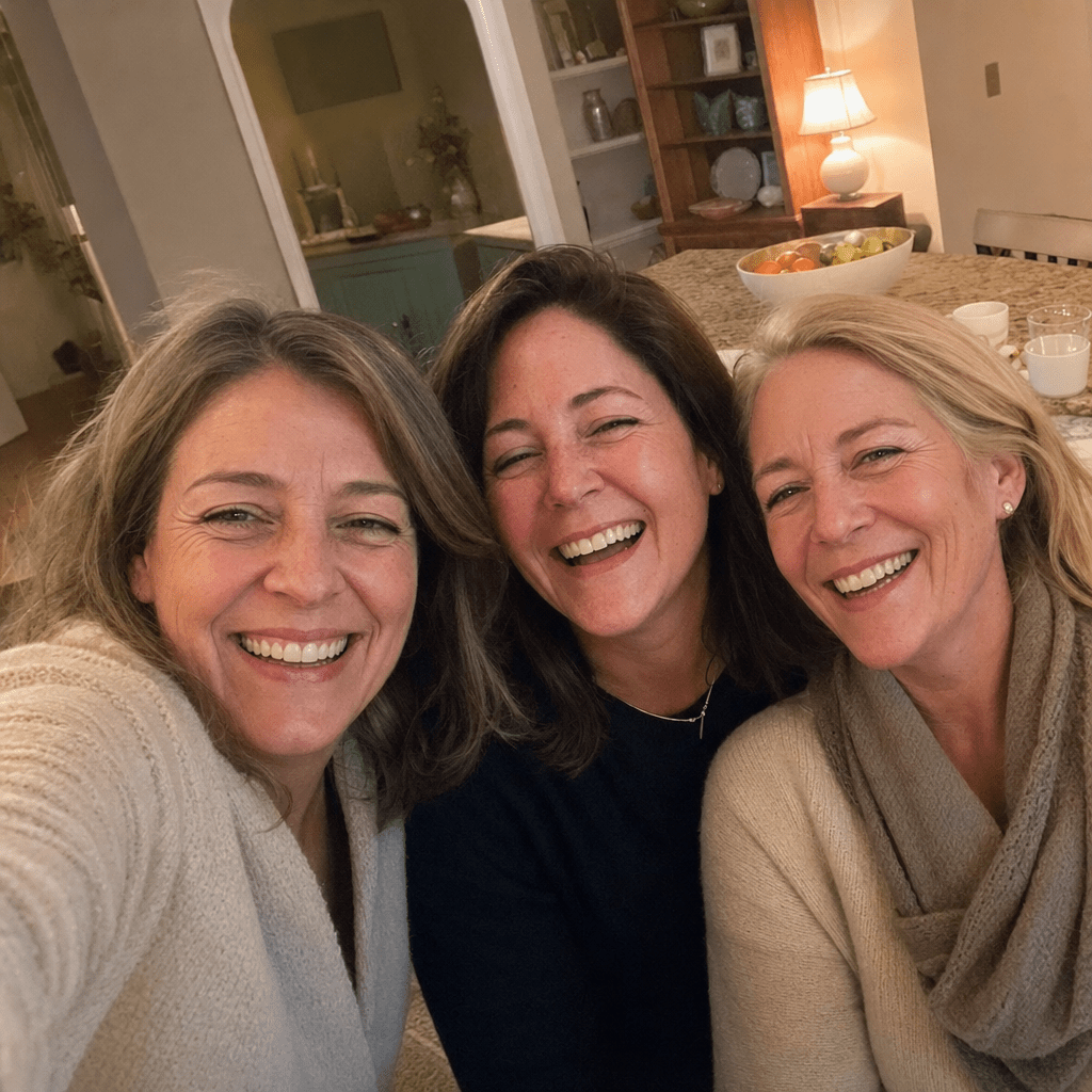 Warm candid group selfie of three women in their forties and fifties laughing together in a cozy evening kitchen, calm and put-together, no wine glass in sight