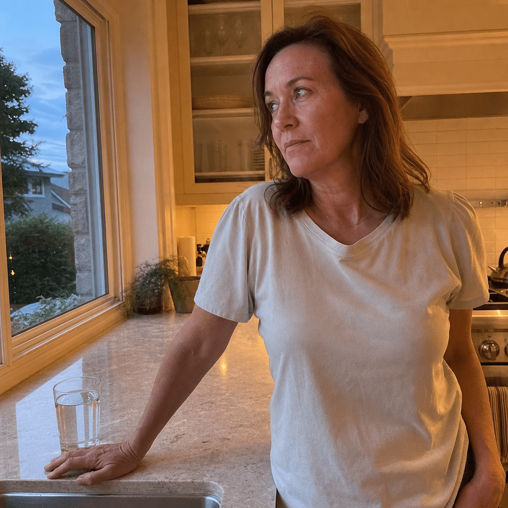 Woman in her late forties at her kitchen window in the early evening, the moment the wine pull would hit, looking tired but reaching for nothing yet