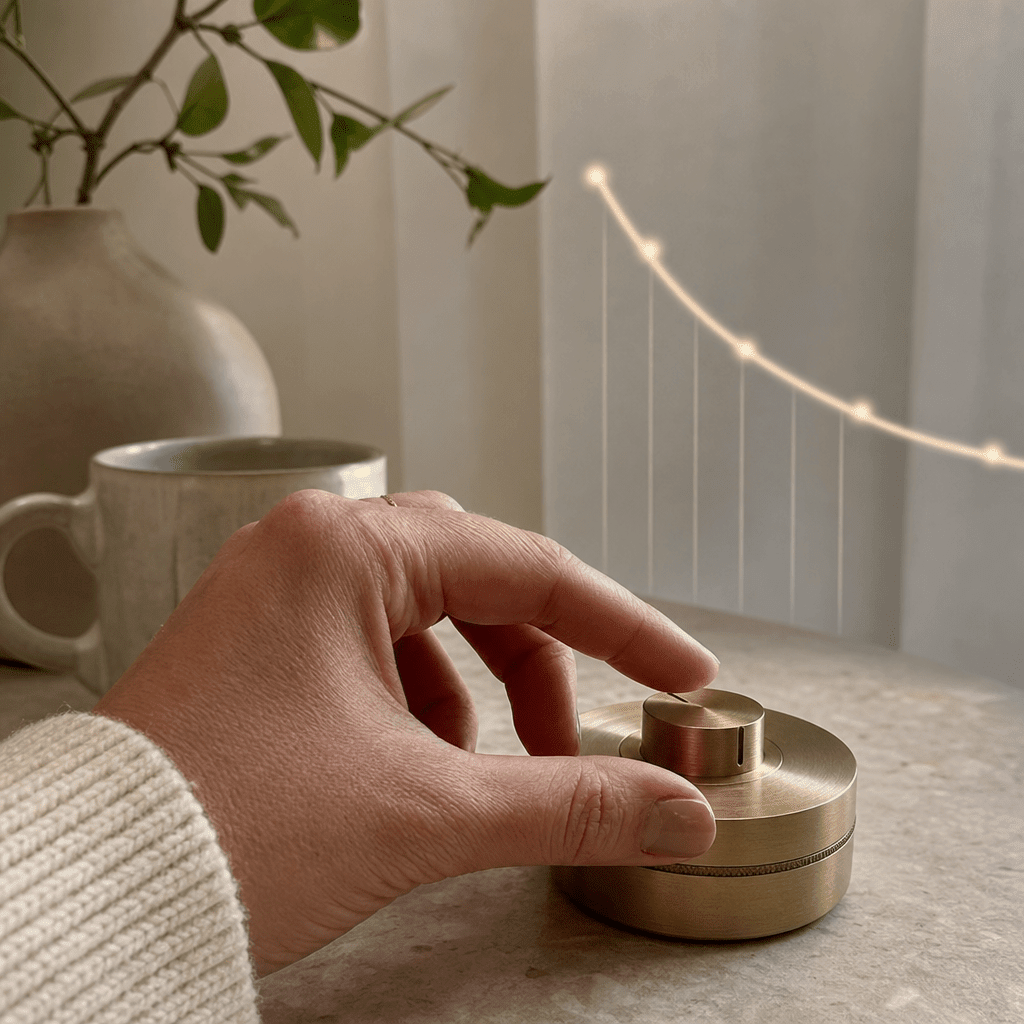 Editorial diagram-style still of a dimmer-switch motif over a calm bedroom at dusk, the cortisol-burns-GABA off-switch idea, cool investigative palette