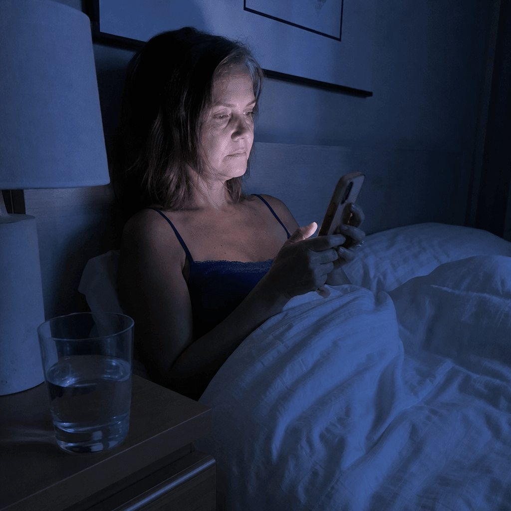 Cold cyan 3am bedroom, a woman sitting up awake against the headboard with phone glow on her face, the wine rebound wake-up