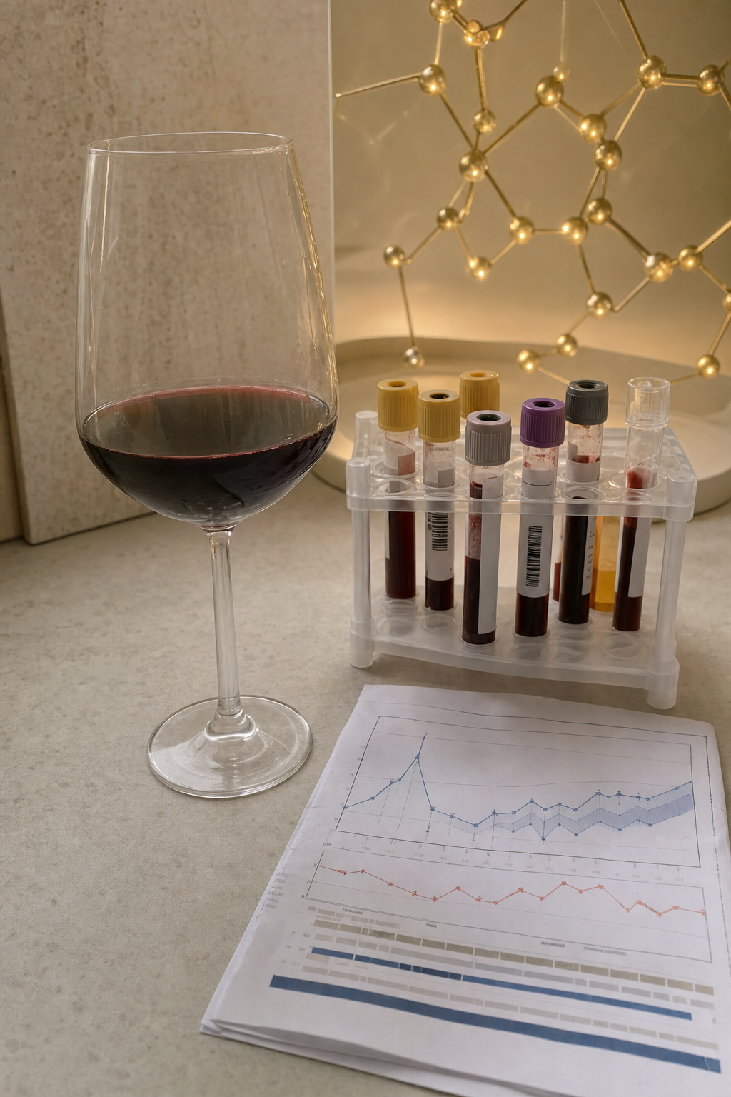 An editorial still visualizing the headline, a glass of red wine beside a rack of labeled blood-sample vials and a cortisol bloodwork chart with a faint gold molecule above, the bloodwork behind the wine reach