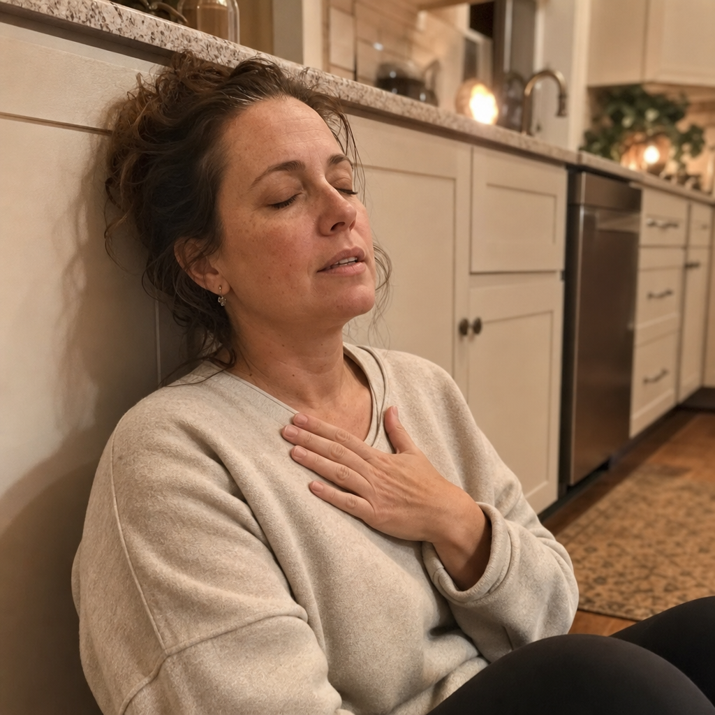 A woman in her forties sitting on the kitchen floor at the end of a long day, shoulders dropping as she exhales, the rational evening reach for relief made human, no judgment