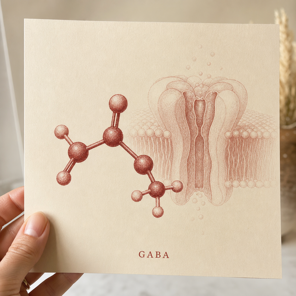 A clean museum-style scientific still of a single red GABA molecule rendered on a soft cream background beside a faint diagram of the GABA-A receptor, the one compound wine is reaching