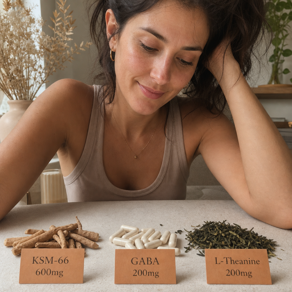 Three ingredient groupings on cream, ashwagandha root with a KSM-66 600mg card, GABA capsules with a 200mg card, and green tea leaves with an L-Theanine 200mg card, the clinically dosed blend, no product pouch