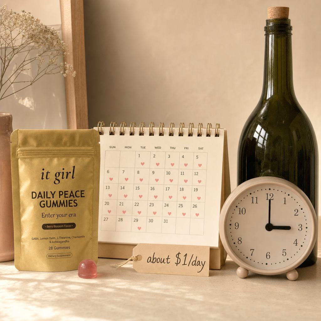 A cost comparison still life, the gold It Girl Daily Peace pouch with a month calendar and an about-a-dollar-a-day tag on one side against one bottle of wine and a bedside clock reading 3:00 on the other