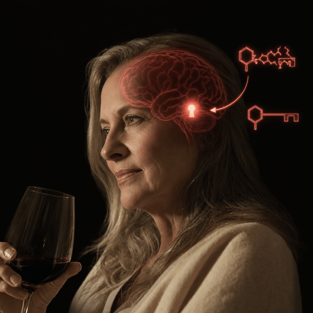 Reverential medical-investigation portrait of a woman in her early sixties lowering the wine glass, the crimson brain overlay showing the lit GABA-A receptor with two molecular keys beside it, the ethanol key cracking the lock and a clean non-alcohol key beside it